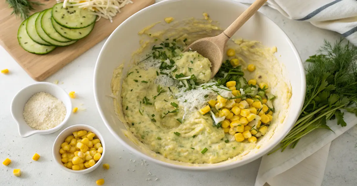 top-down-shot-of-large-white-bowl-containing-mixed Mixed zucchini corn fritter batter in bowl showing vegetables, corn kernels, herbs combined and ready to cook