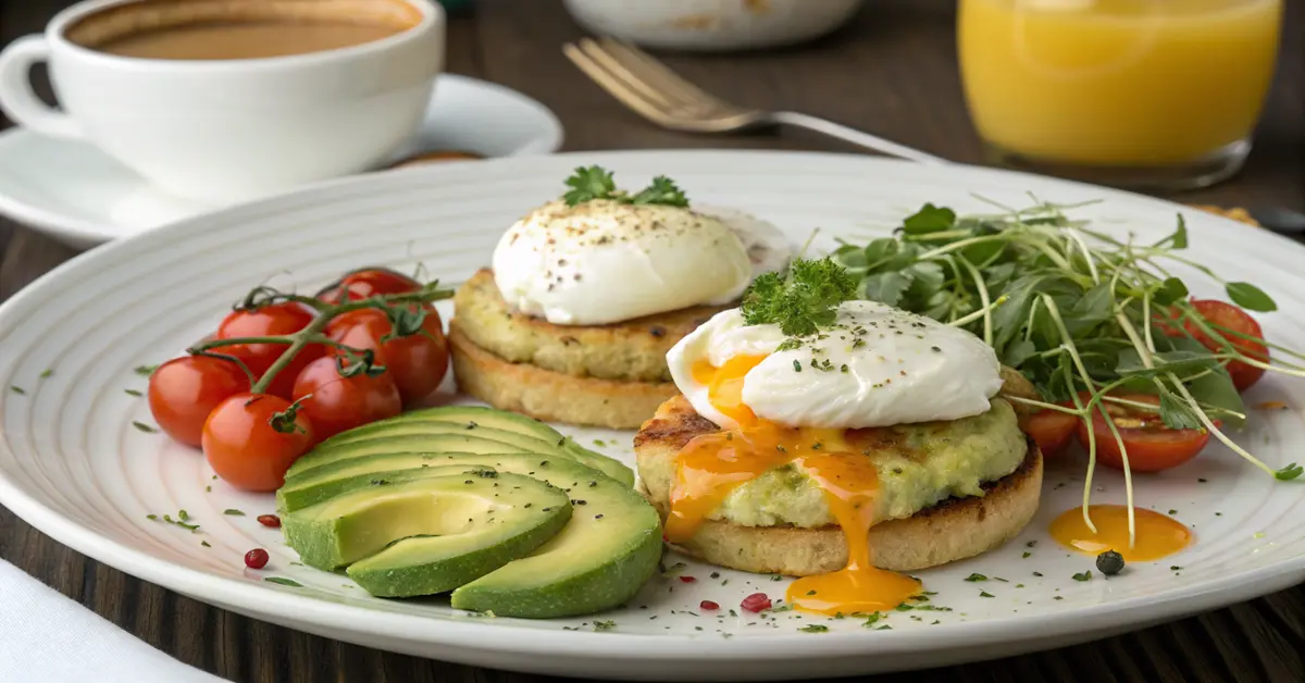 Brunch plate with chickpea zucchini fritters, poached eggs, avocado, tomatoes, herbs