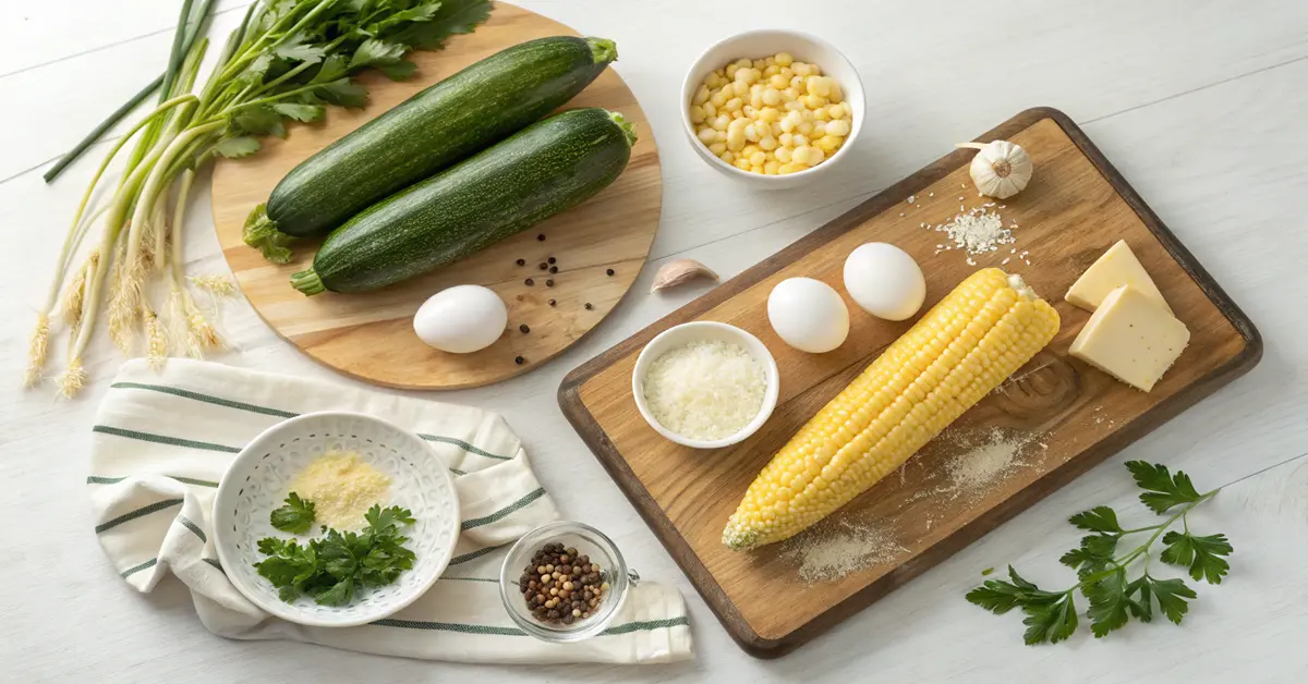 zucchini-corn-fritters-fresh-ingredients-display Fresh ingredients for zucchini corn fritters including zucchini, sweet corn, eggs, herbs, cheese on wooden board
