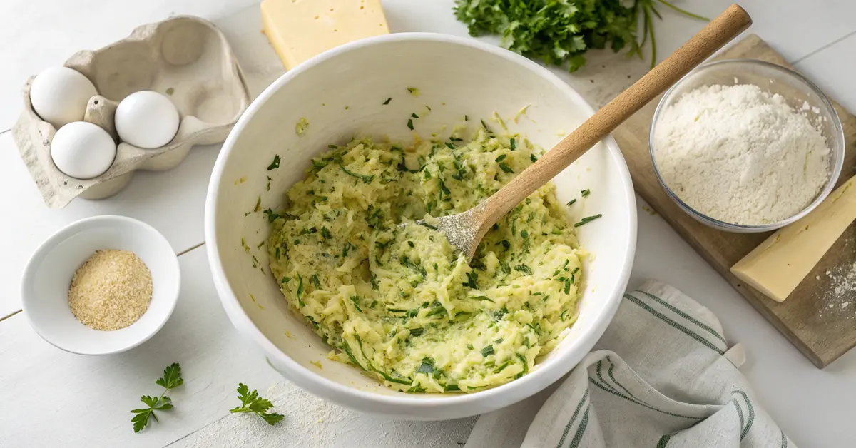 Mixed zucchini fritter batter showing vegetables, egg, cheese, herbs for air fryer
