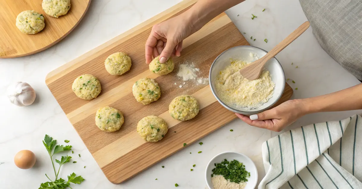 Hands forming uniform zucchini fritter patties on board before air frying
