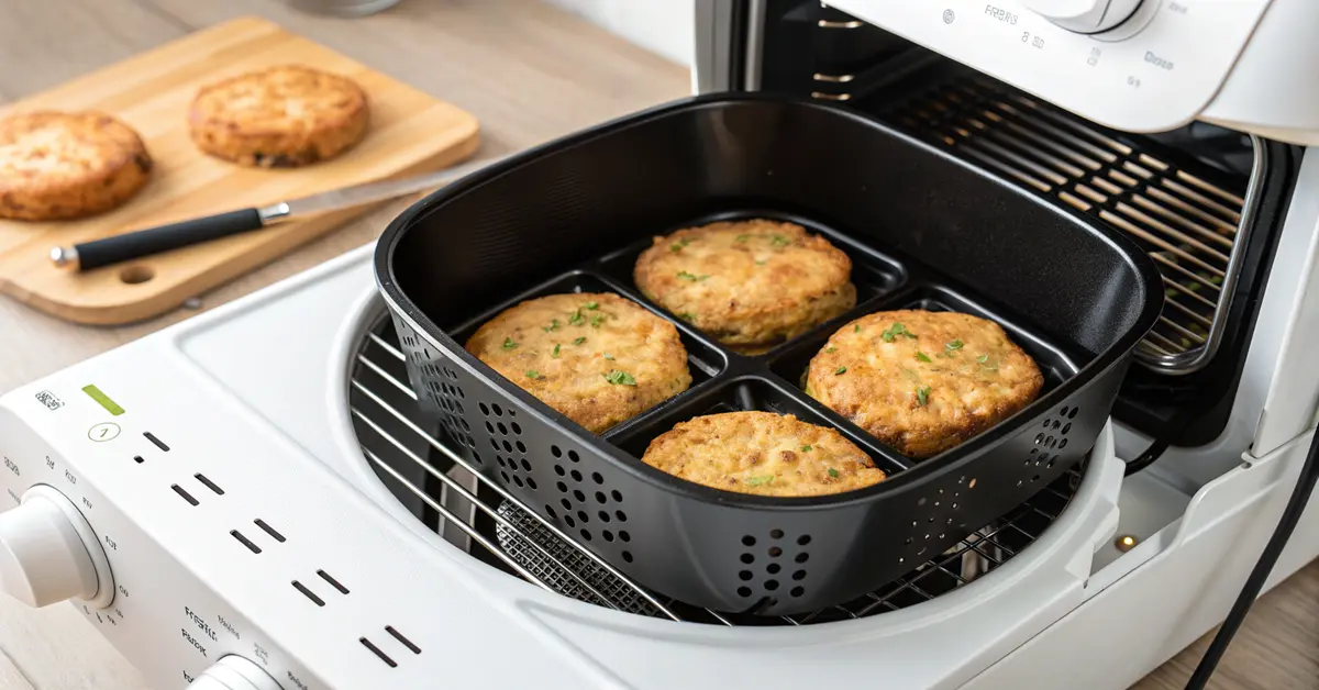 Zucchini fritters in air fryer basket with space between for crispy results