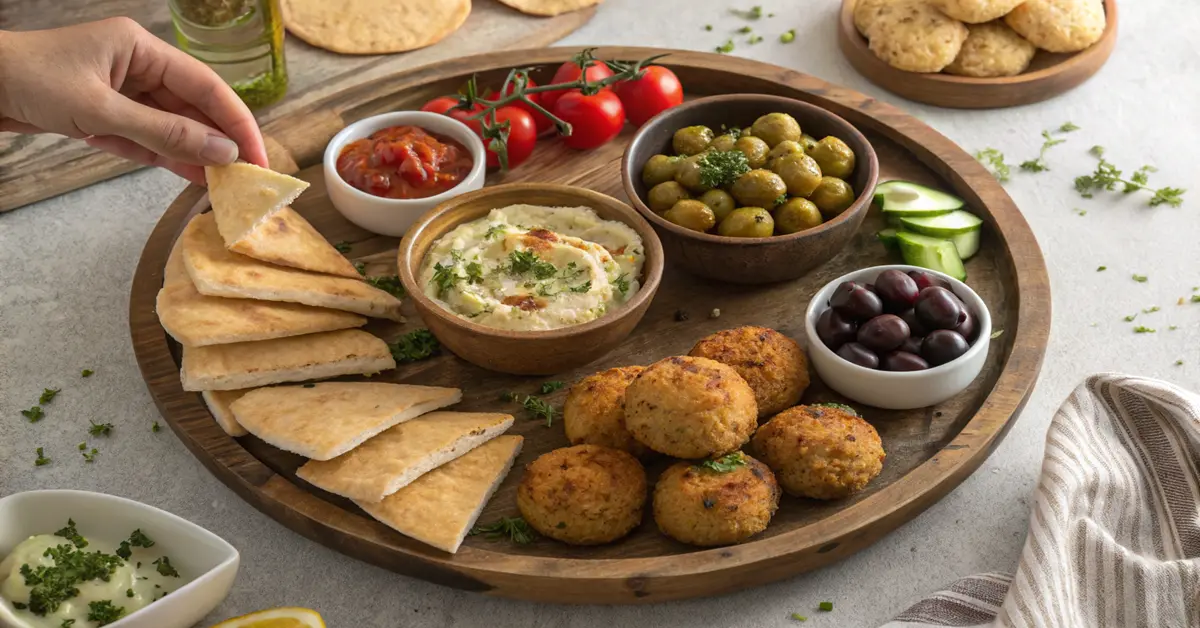 Large Mediterranean mezze platter with air fryer zucchini fritters, dips, olives, pita for sharing

