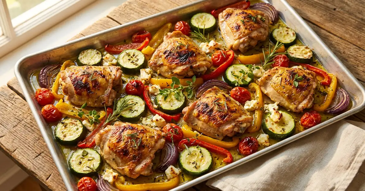 Sheet pan Mediterranean chicken and zucchini with golden crispy skin, roasted vegetables, feta cheese and fresh herbs on baking sheet