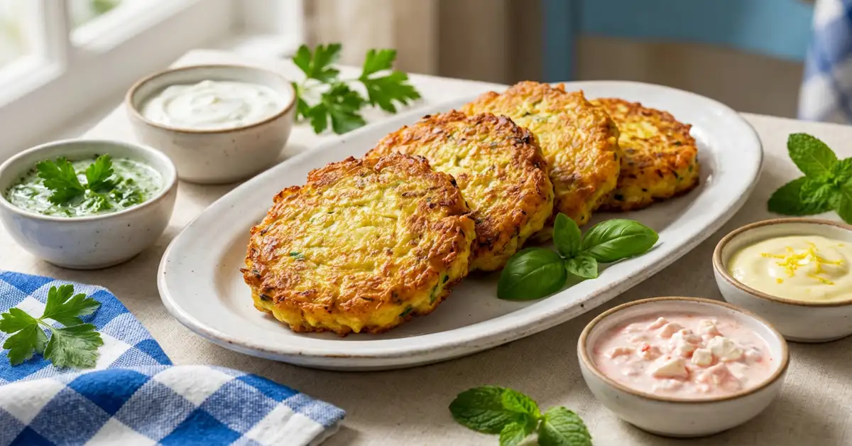 Golden crispy zucchini fritters on white platter with four Mediterranean dipping sauces