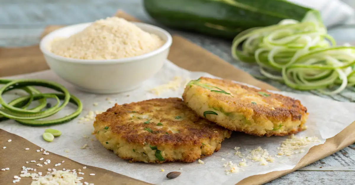 almond-flour-gluten-free-zucchini-fritters Two crispy gluten-free zucchini fritters on parchment paper next to a bowl of almond flour.