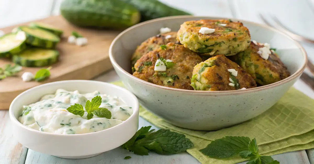 authentic-greek-kolokithokeftedes-feta Authentic Greek Kolokithokeftedes (zucchini fritters) studded with feta and herbs, served next to fresh Tzatziki dip