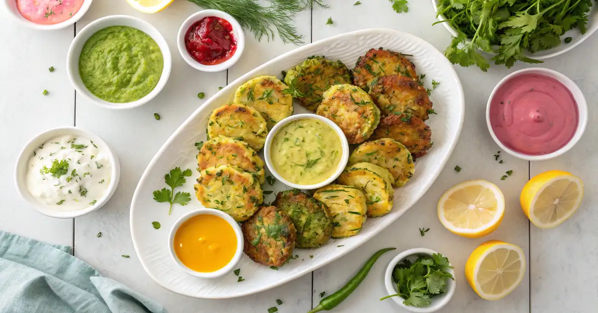 Complete serving platter of zucchini fritters with multiple Mediterranean Dipping Sauces for Zucchini Fritters