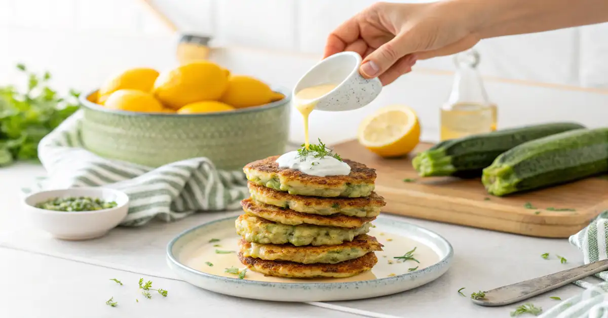 crispy-classic-zucchini-fritters Stack of crispy zucchini fritters with herbed yogurt sauce and lemon juice being squeezed on top