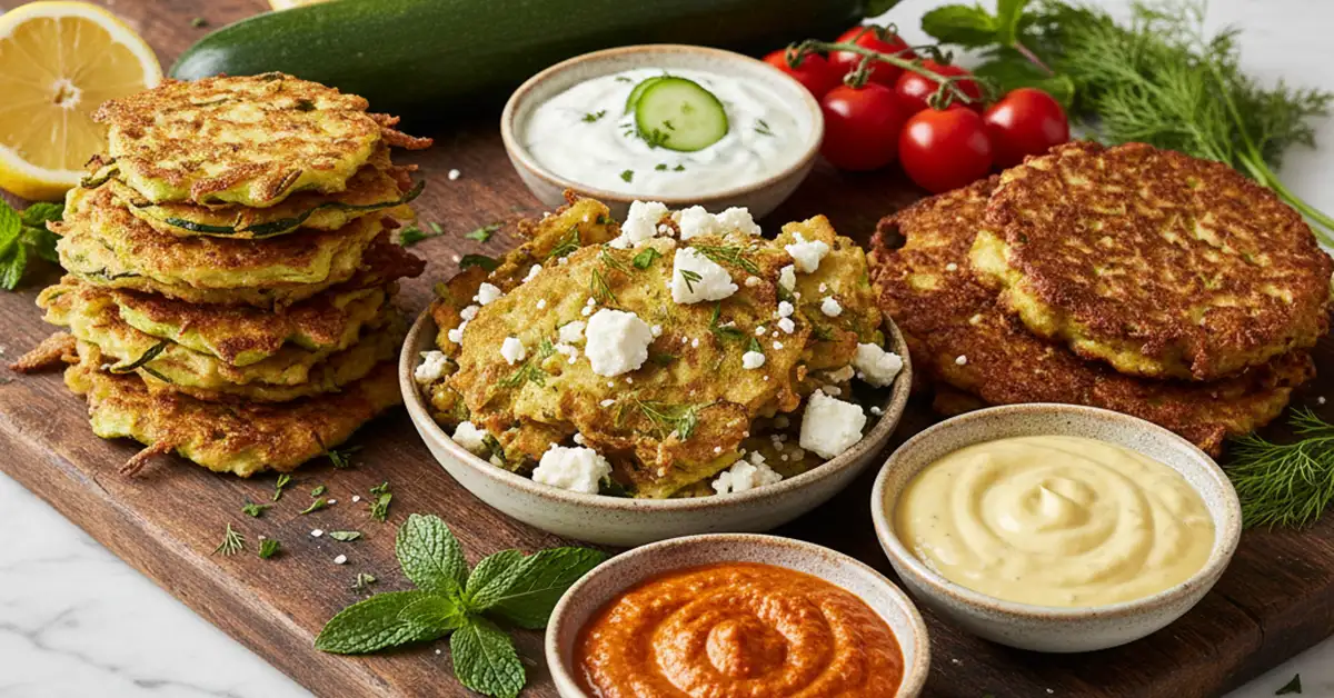 Ultimate Mediterranean Zucchini Fritters Platter featuring three variations (classic, chicken, Greek) and dipping sauces