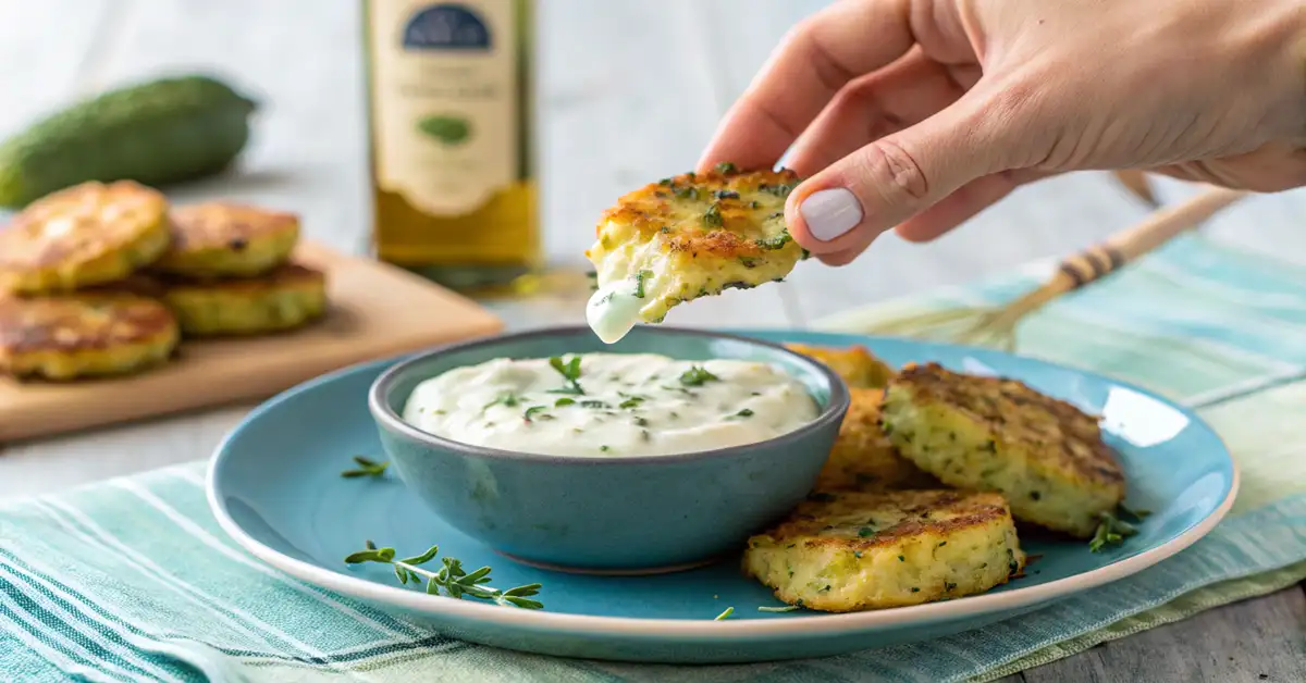 Hand dipping crispy zucchini fritter into creamy feta and yogurt sauce