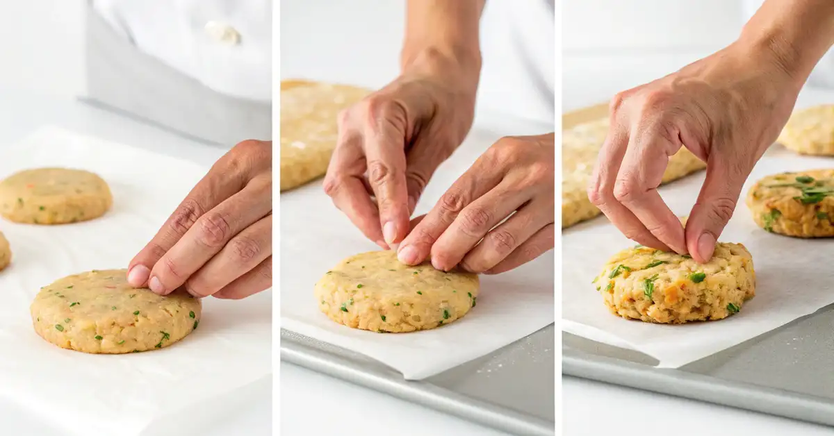 form-zucchini-fritters-patty-technique-gluten-free Step by step process forming gluten free zucchini fritters into uniform patties