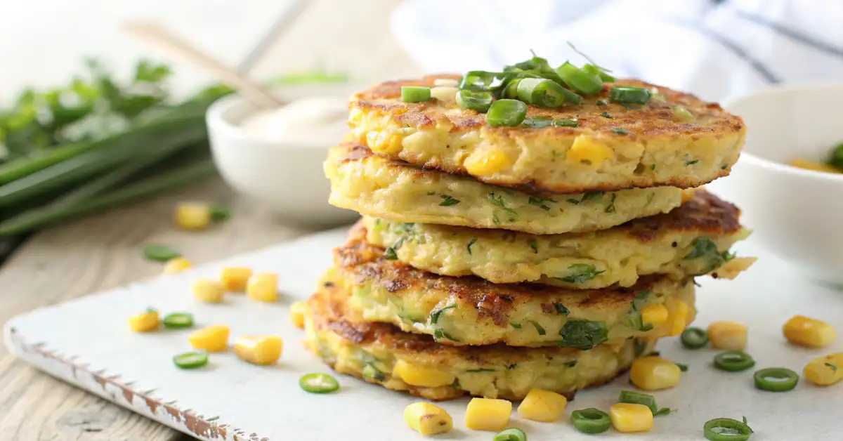 fresh-sweet-zucchini-corn-fritters Stack of pan-fried zucchini corn fritters showing visible yellow corn kernels and fresh chives.