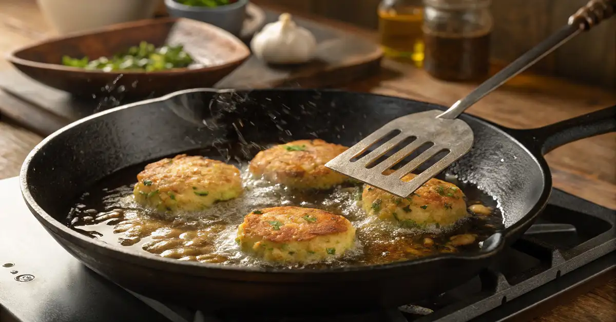 frying-zucchini-fritters-crispy-golden-brown-skillet Gluten free zucchini fritters frying in cast iron skillet with golden crispy crust