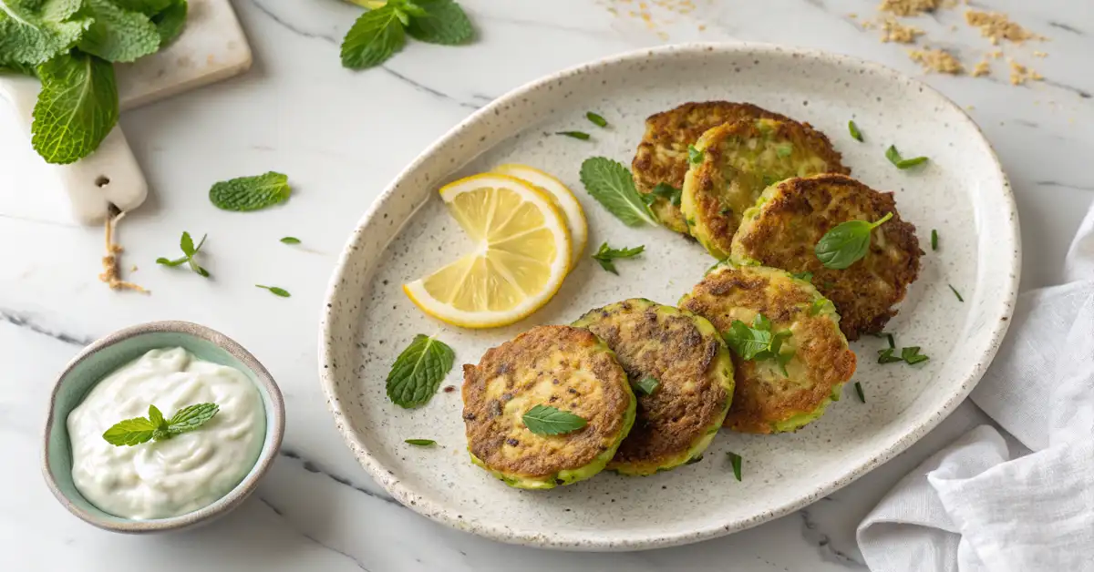 Gluten-Free Zucchini Fritters (45 Minutes) 1 Golden crispy gluten free zucchini fritters on white plate with fresh herbs and lemon