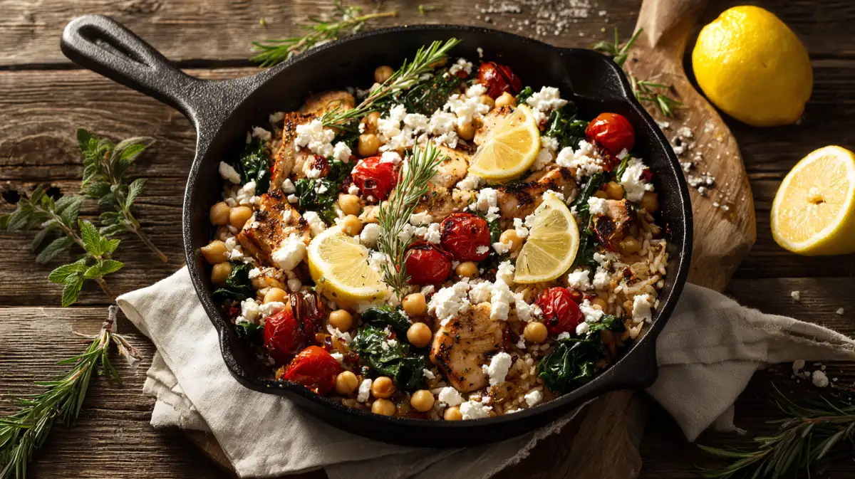 Greek chicken and lemon rice in cast iron skillet with chickpeas, spinach, grape tomatoes and feta cheese on rustic wooden table