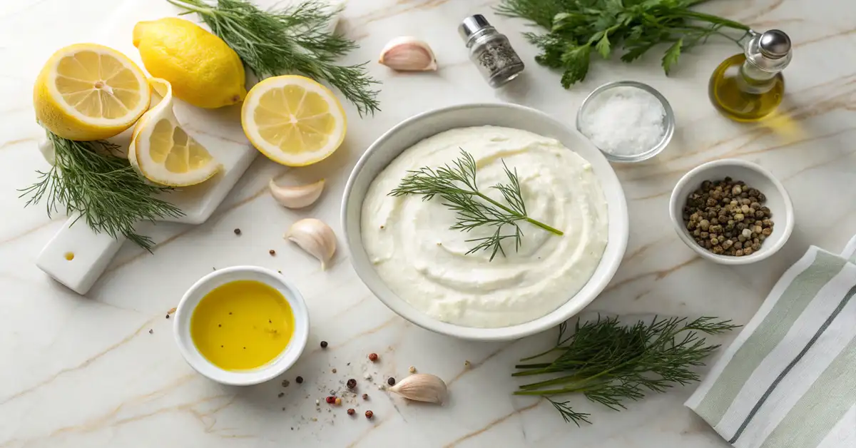 Fresh ingredients for Greek yogurt and dill dipping sauce including yogurt, dill, lemon, and garlic