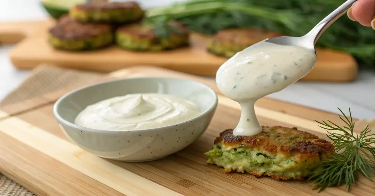 Creamy Greek yogurt dipping sauce being spooned over crispy zucchini fritter