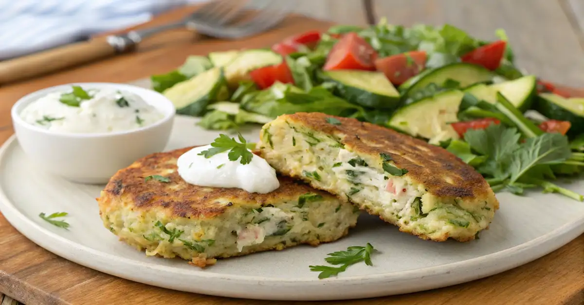 high-protein-chicken-zucchini-fritters Cross-section of chicken zucchini fritters showing lean ground chicken and herbs inside, served with a light aioli