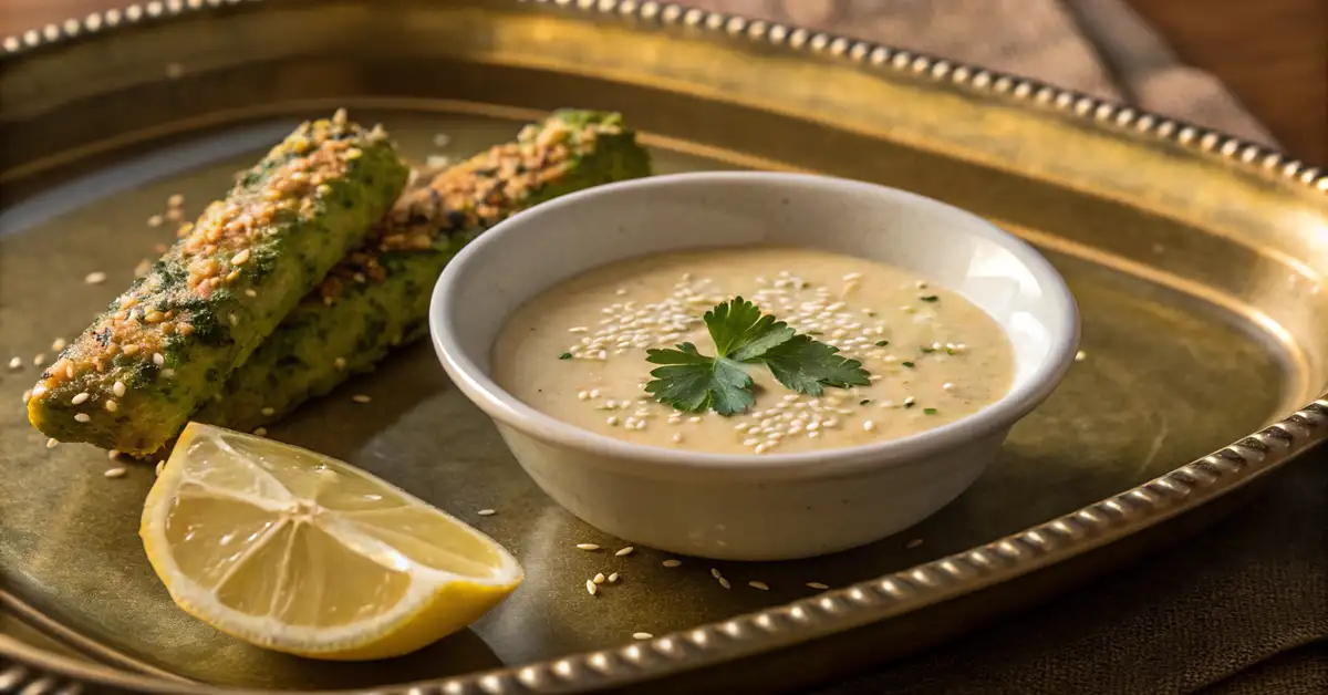 Creamy lemon-garlic tahini sauce in bowl with sesame seeds and zucchini fritters