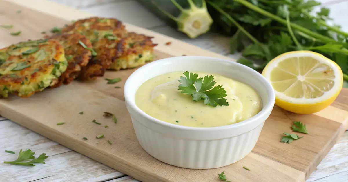 Lemon herb aioli in white bowl with crispy zucchini fritters on wooden board