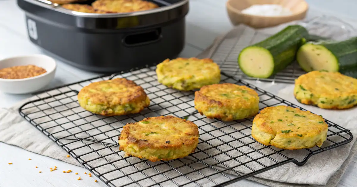 low-oil-air-fryer-zucchini-fritters Crispy air fryer zucchini fritters resting on a wire rack next to the air fryer basket