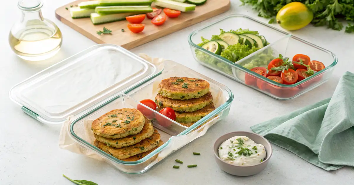 meal-prep-storage-zucchini-fritters-gluten-free Gluten free zucchini fritters stored in meal prep containers with parchment layers