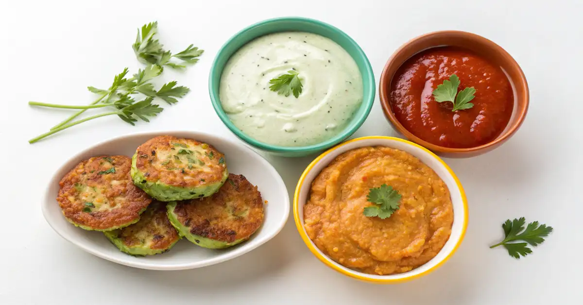 mediterranean-dipping-sauces-zucchini-fritters Flat lay of three dipping sauces: tzatziki, green herb dip, and harissa yogurt, with zucchini fritters ready to dip.