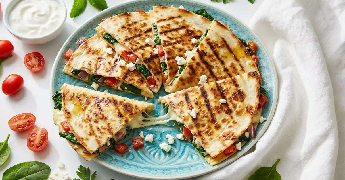 Mediterranean Quesadillas with Spinach and Feta (15 Min) 1 Golden brown Mediterranean quesadillas with spinach and feta on rustic wooden board with fresh tomatoes