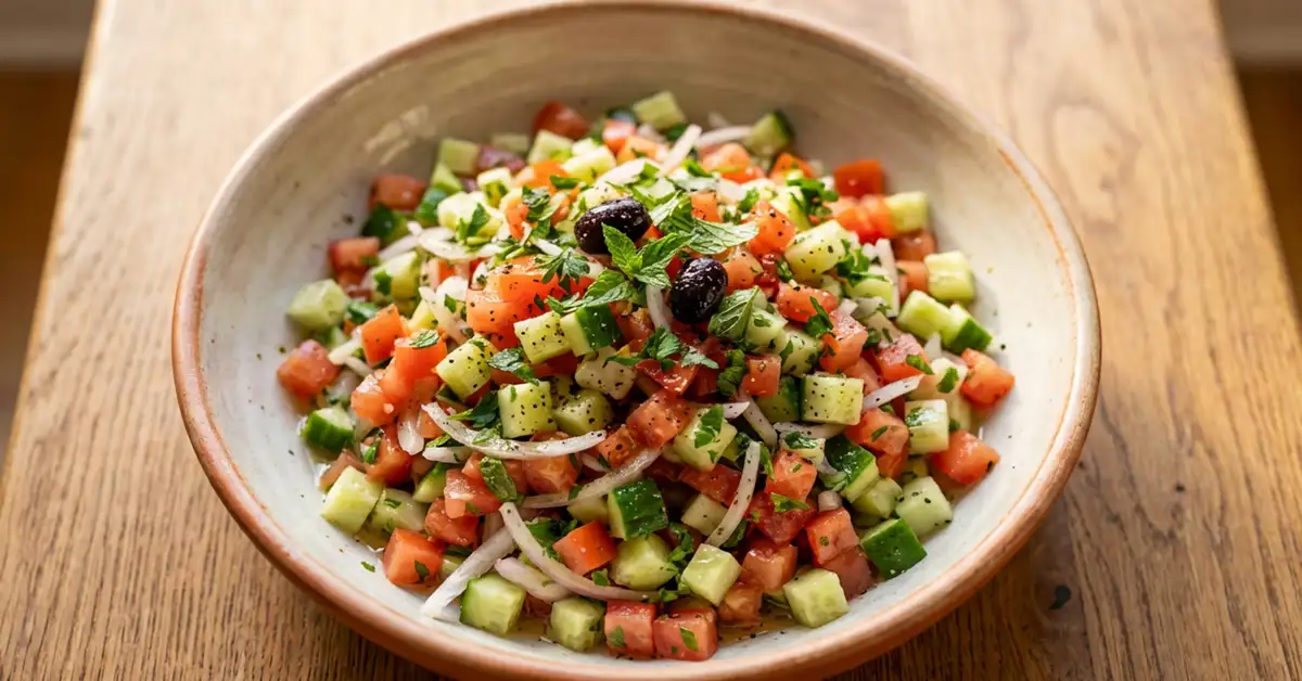 Fresh Mediterranean salad with cucumber tomato and onion