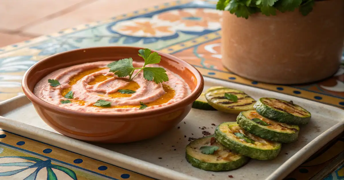 Spicy harissa yogurt sauce in terracotta bowl with zucchini fritters