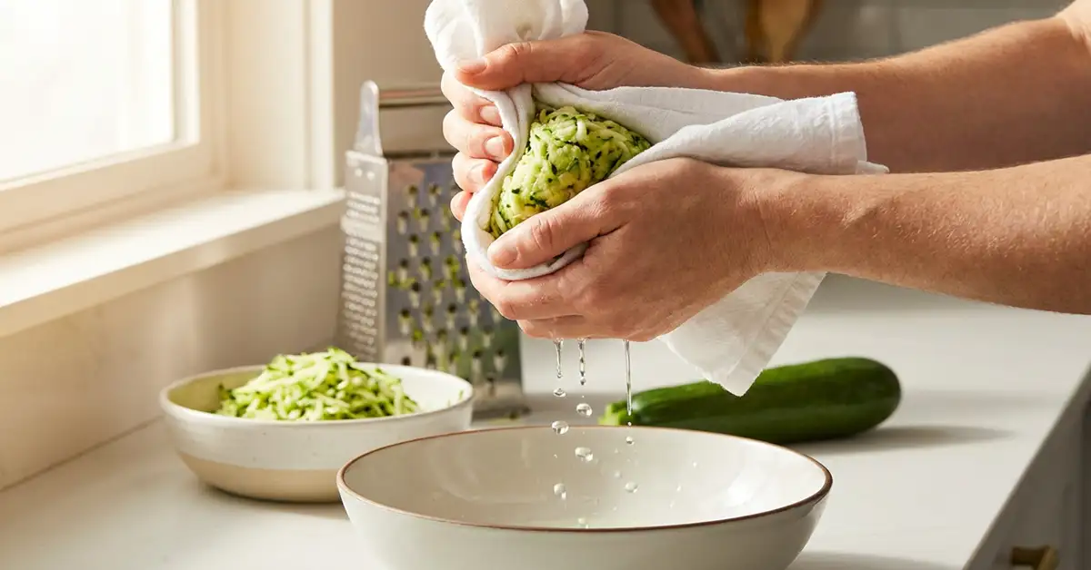 Hands squeezing water from grated zucchini in kitchen towel over sink