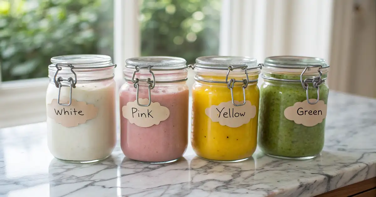 Glass mason jars filled with different colored Mediterranean dipping sauces on marble counter