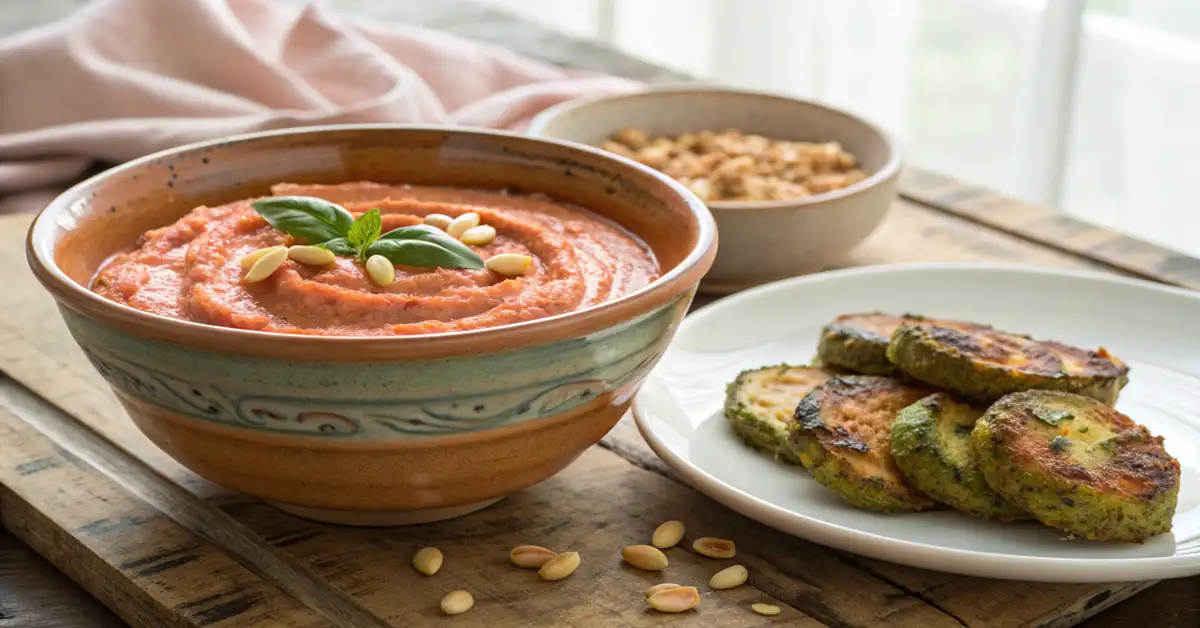 Sun-dried tomato and basil cream sauce in ceramic bowl with zucchini fritters 