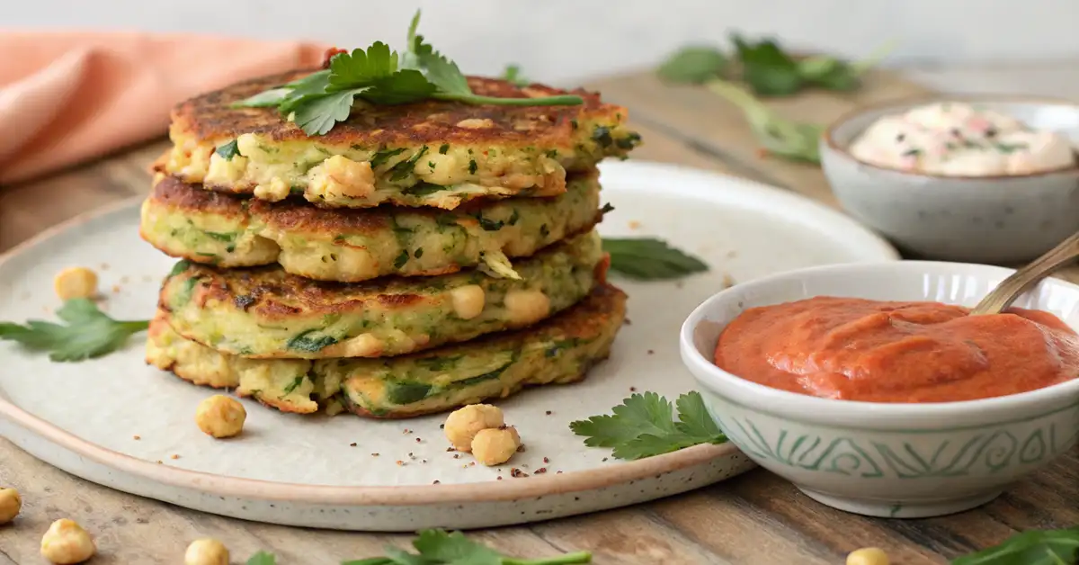 vegan-chickpea-zucchini-fritters-harissa Stack of rustic zucchini and chickpea fritters served with a swirl of red harissa yogurt sauce