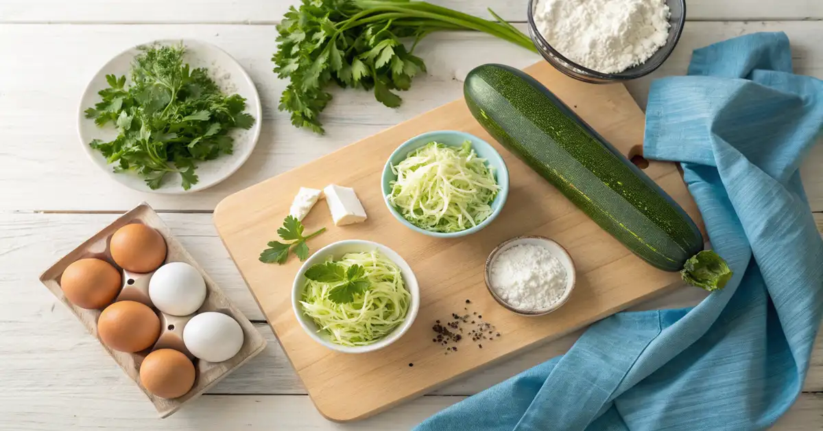 zucchini-fritters-ingredients-gluten-free-mediterranean Fresh ingredients for gluten free zucchini fritters including zucchini, almond flour, herbs, and feta