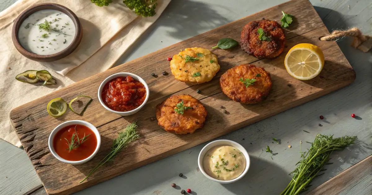 zucchini-fritters-variations-mediterranean-flavors-gluten-free Four variations of gluten free zucchini fritters displayed on wooden board with dipping sauces