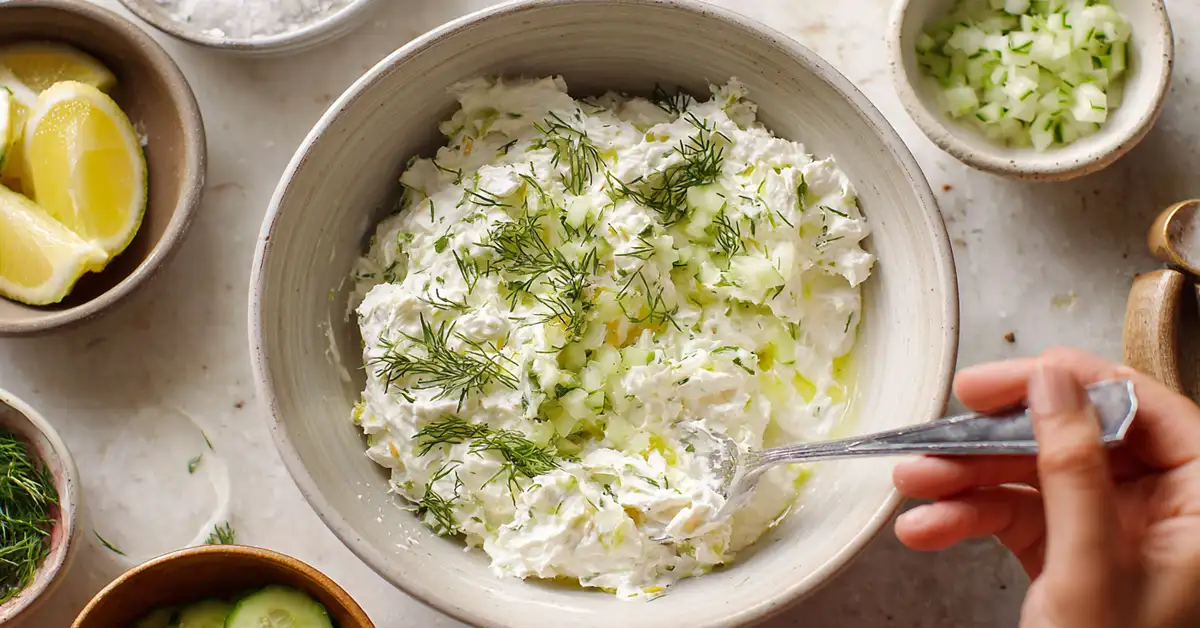 adding-herbs-cucumber-cottage-cheese-tzatziki Folding fresh dill and cucumber into blended cottage cheese for tzatziki dip