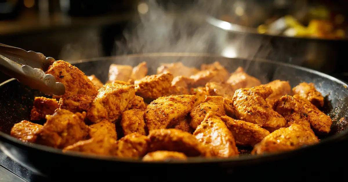 browning-chicken-orzo-recipe Browning seasoned chicken pieces in skillet for one pan chicken orzo