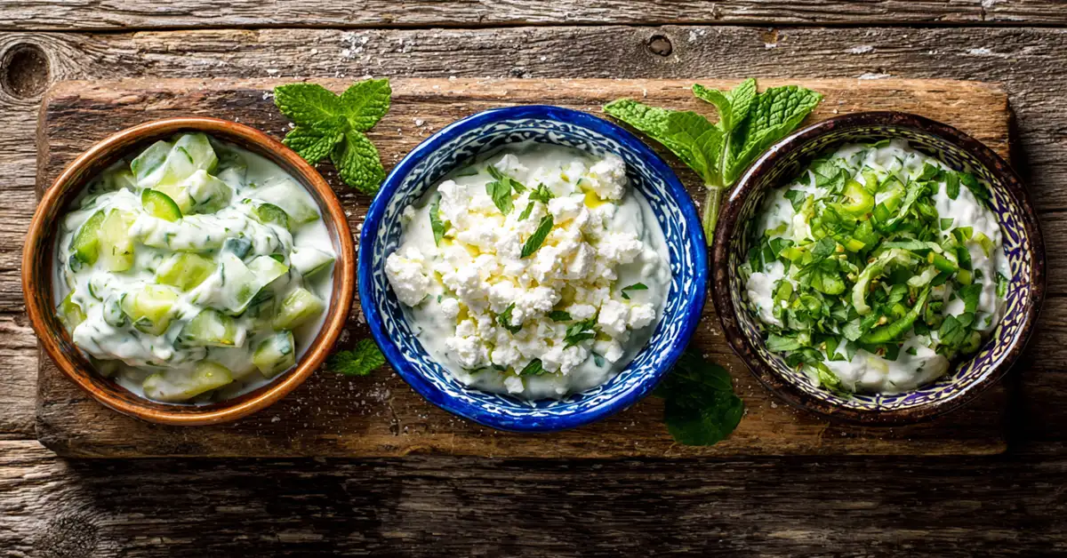 cottage-cheese-tzatziki-dip-variations Three cottage cheese tzatziki dip variations including spicy feta and herb versions