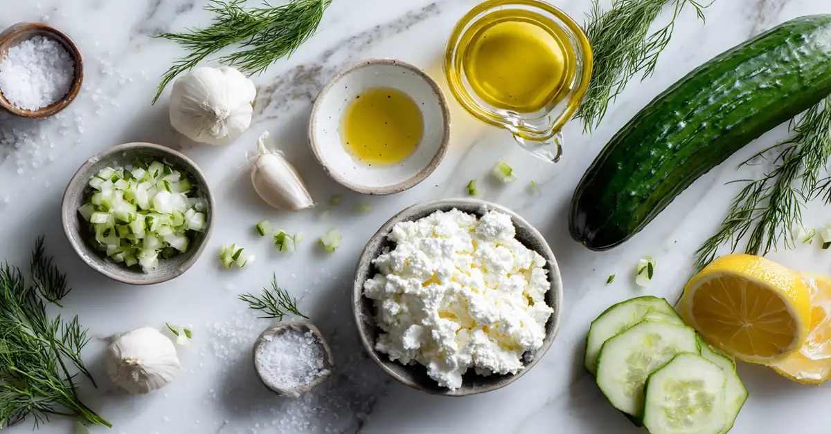 cottage-cheese-tzatziki-ingredients-flatlay Cottage cheese tzatziki dip ingredients including cottage cheese cucumber garlic dill and lemon