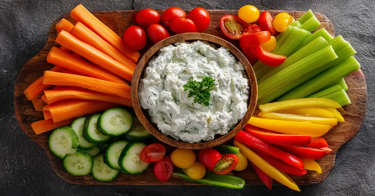 cottage-cheese-tzatziki-vegetable-crudite Cottage cheese tzatziki dip served with colorful fresh vegetable crudite platter