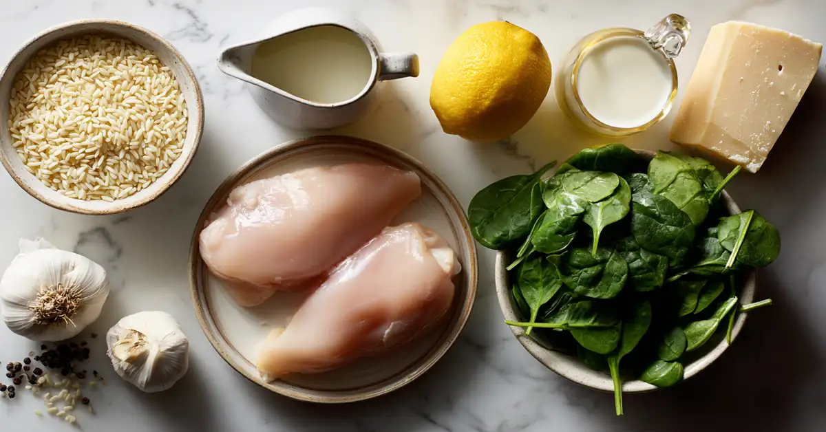 creamy-chicken-orzo-ingredients Ingredients for chicken orzo recipe including orzo pasta chicken Parmesan and spinach