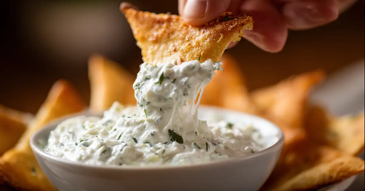 dipping-pita-cottage-cheese-tzatziki Dipping warm pita bread into creamy cottage cheese tzatziki dip