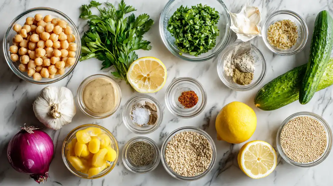 All ingredients needed for homemade falafel bowl (dried chickpeas,Italian parsley,fresh cilantro leaves,baking powder,all-purpose flour,tahini, fresh lemon juice,cooked quinoa,baby spinach,hummus, olives, pickled vegetables, crumbled feta (if not vegan), toasted sesame seeds, fresh herbs laid out on marble
