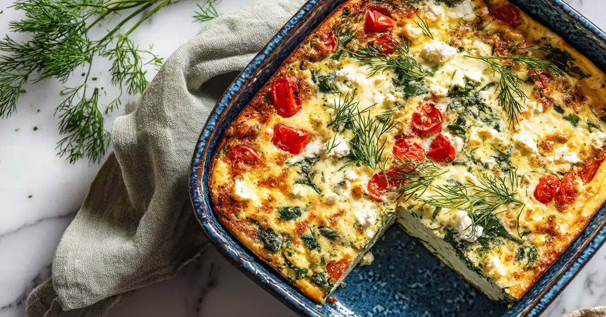Golden Greek feta egg bake in blue ceramic dish with creamy eggs, spinach, tomatoes, and crumbled feta cheese