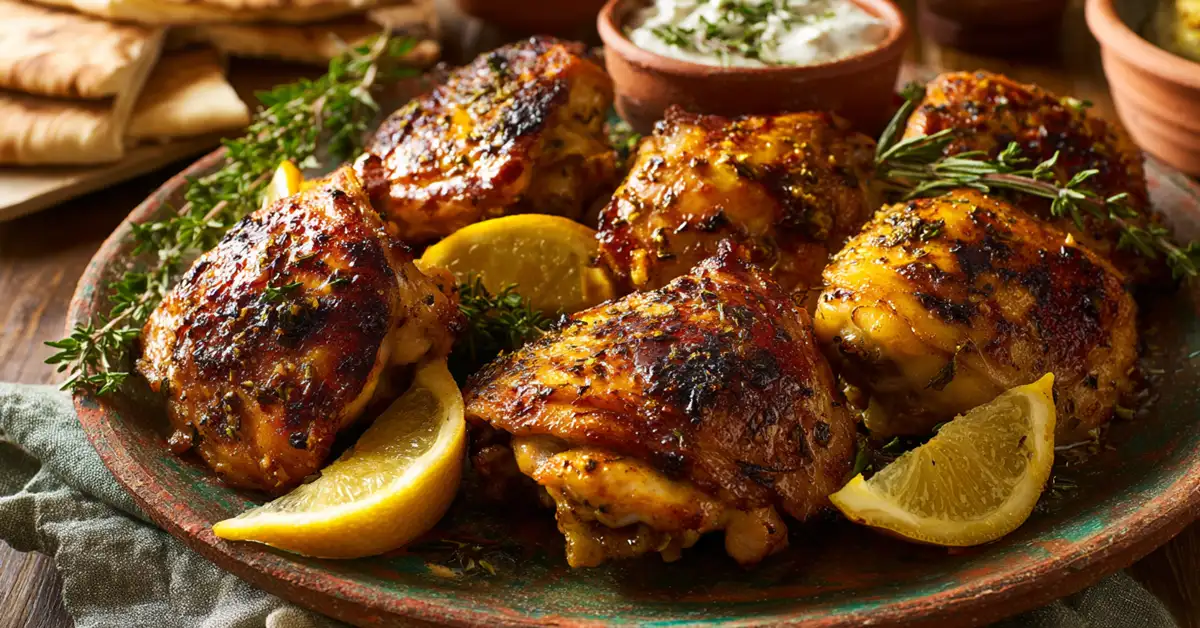 Golden crispy Greek marinated chicken thighs air fryer style served on rustic ceramic platter with fresh oregano and lemon wedges