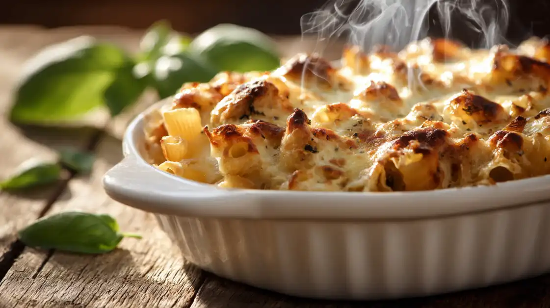 Italian chicken casserole with pasta and melted mozzarella cheese in white baking dish