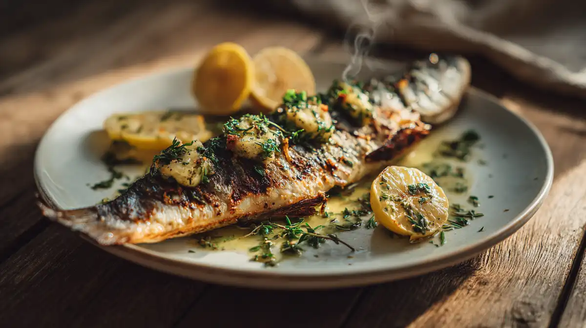 Mediterranean grilled fish with lemon herb butter and crispy skin