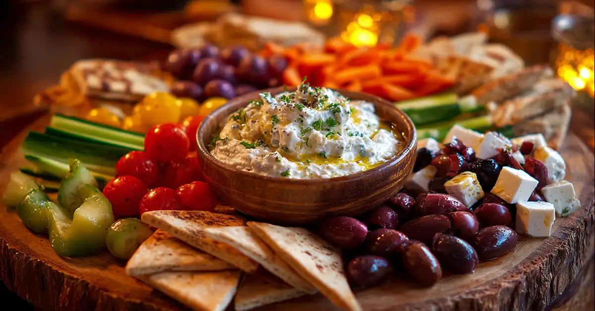 mediterranean-mezze-platter-cottage-cheese-tzatziki Mediterranean mezze platter featuring cottage cheese tzatziki dip with pita vegetables and olives